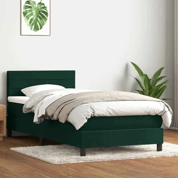 Pat box spring cu saltea, verde închis, 100×210 cm, catifea