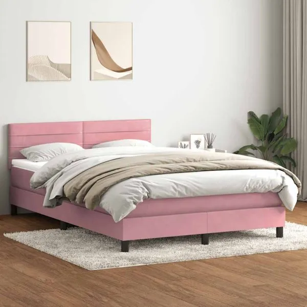 Pat box spring cu saltea, roz, 140×210 cm, catifea