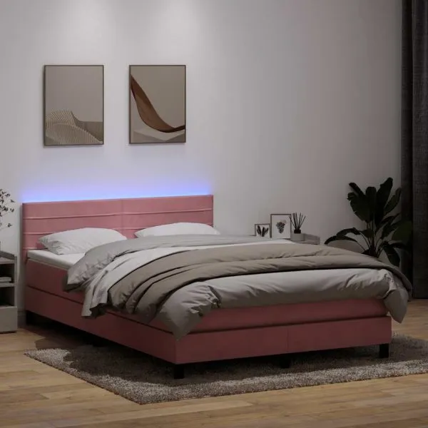 Pat box spring cu saltea, roz, 140×210 cm, catifea