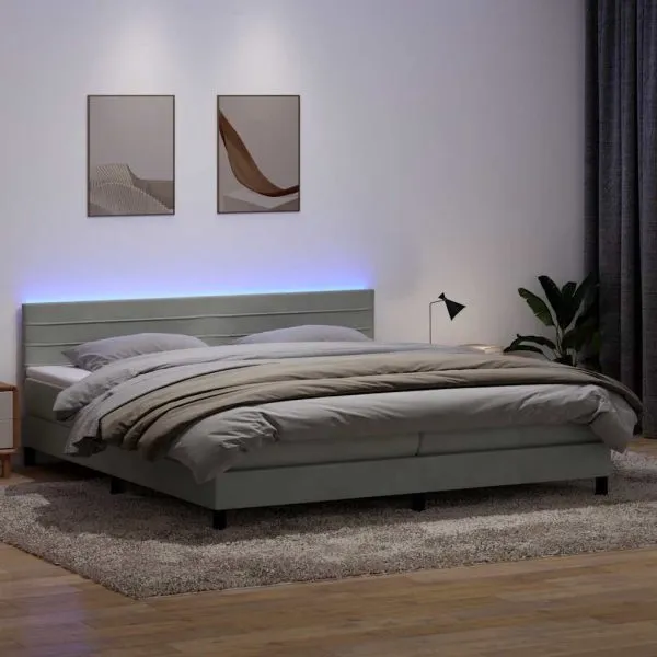 Pat continental cu saltea, gri deschis, 180×210 cm, catifea