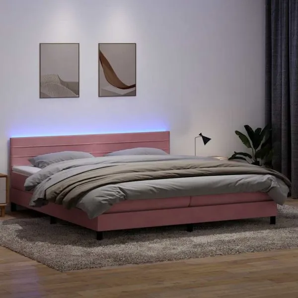 Pat box spring cu saltea, roz, 180×210 cm, catifea