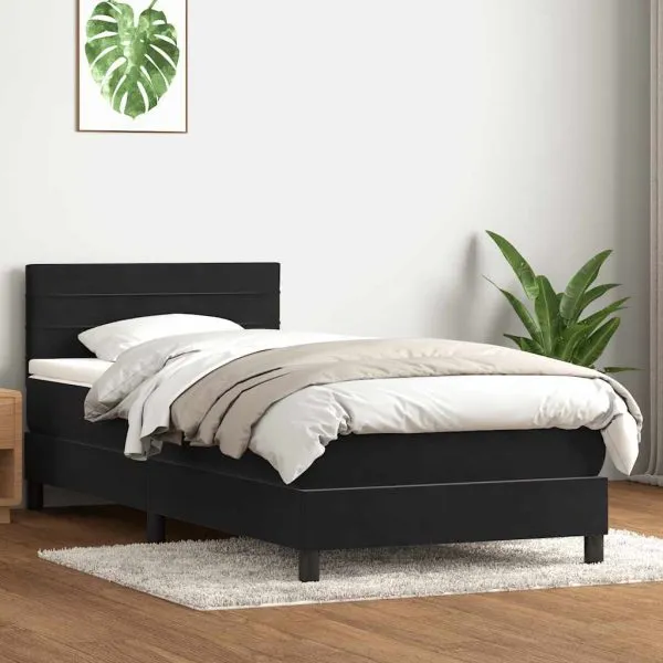 Pat box spring cu saltea, negru, 80×220 cm, catifea