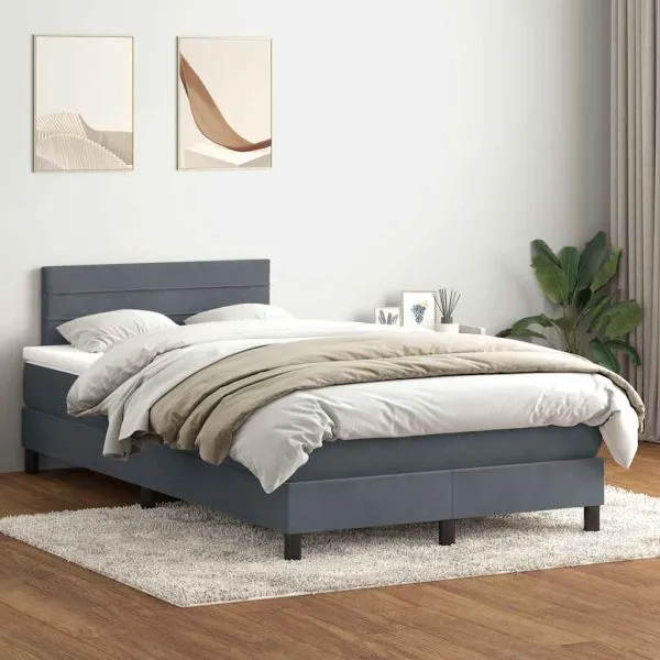 Pat box spring cu saltea, gri închis, 120×220 cm, catifea