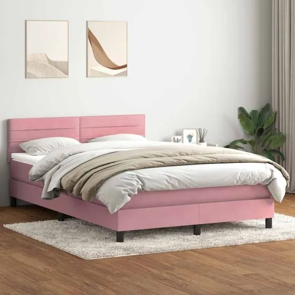 Pat box spring cu saltea, roz, 160×220 cm, catifea