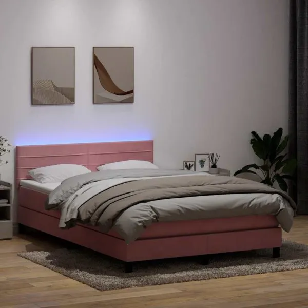 Pat box spring cu saltea, roz, 160×220 cm, catifea
