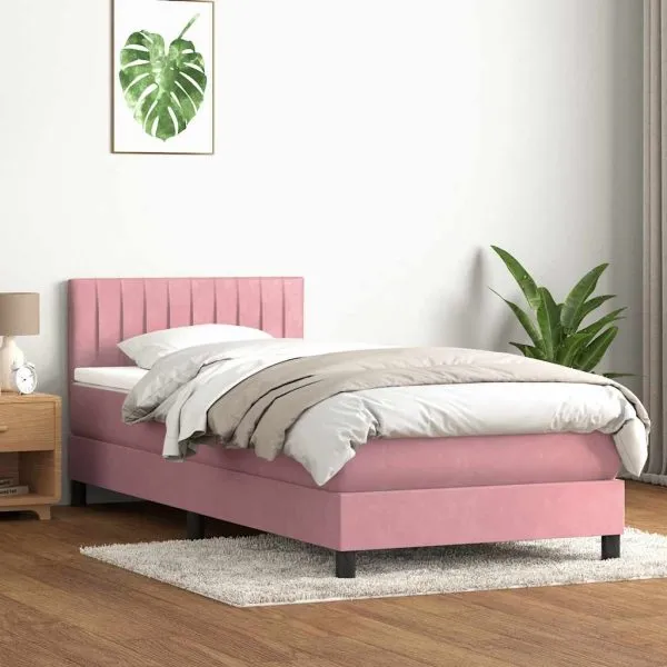 Pat box spring cu saltea, roz, 90×210 cm, catifea