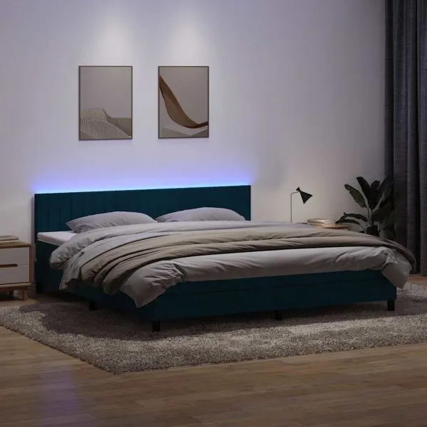 Pat box spring cu saltea, albastru închis, 200×210 cm, catifea