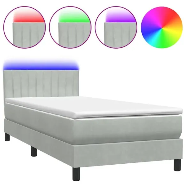 Pat box spring cu saltea, gri deschis, 80×220 cm, catifea