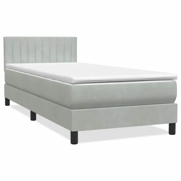 Pat box spring cu saltea, gri deschis, 80×220 cm, catifea