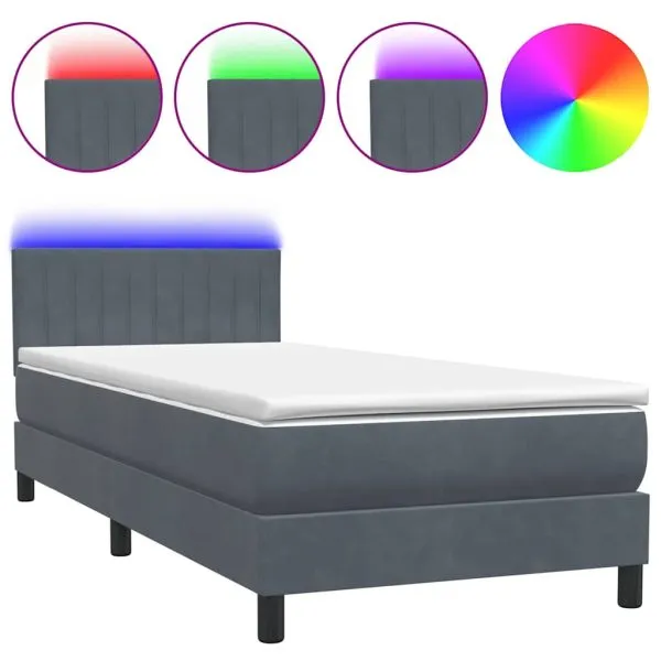 Pat box spring cu saltea, gri închis, 90×220 cm, catifea
