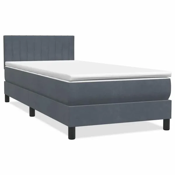 Pat box spring cu saltea, gri închis, 90×220 cm, catifea