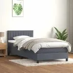 Pat box spring cu saltea, gri închis, 90×220 cm, catifea