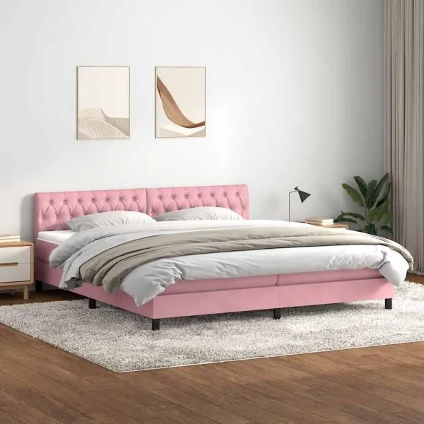 Pat box spring cu saltea, roz, 200×210 cm, catifea