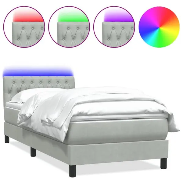 Pat box spring cu saltea, gri deschis, 90×220 cm, catifea