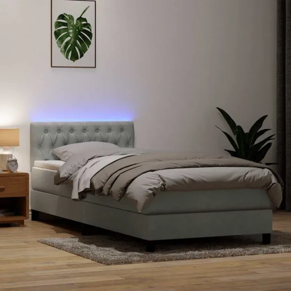 Pat box spring cu saltea, gri deschis, 90×220 cm, catifea