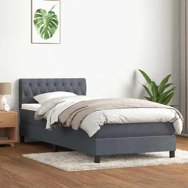 Pat box spring cu saltea, gri închis, 90×220 cm, catifea