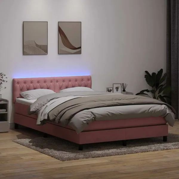 Pat box spring cu saltea, roz, 160×220 cm, catifea