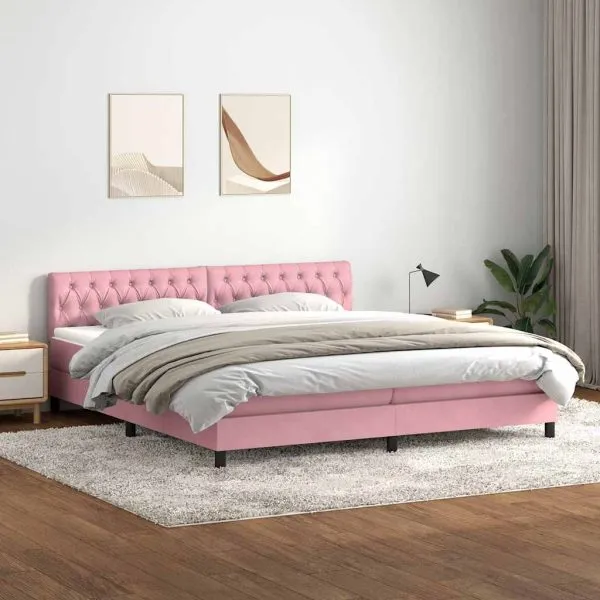 Pat box spring cu saltea, roz, 200×220 cm, catifea