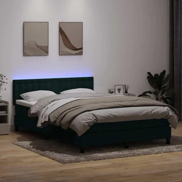 Pat box spring cu saltea, Verde închis, 140×210 cm, catifea