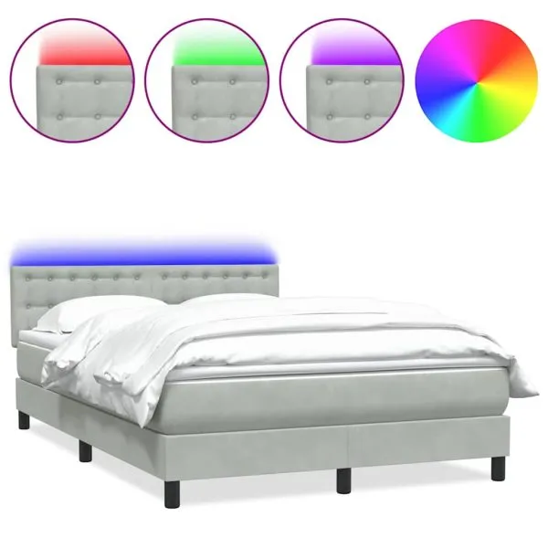 Pat box spring cu saltea, gri deschis, 140×220 cm, catifea