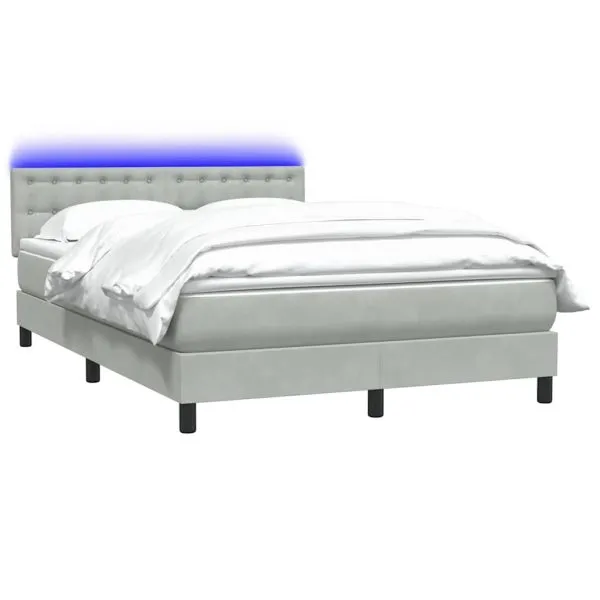 Pat box spring cu saltea, gri deschis, 140×220 cm, catifea