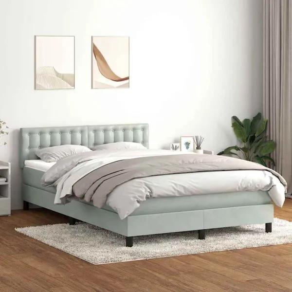 Pat box spring cu saltea, gri deschis, 140×220 cm, catifea