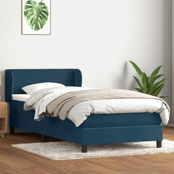 Pat box spring cu saltea, albastru închis, 100×210 cm, catifea
