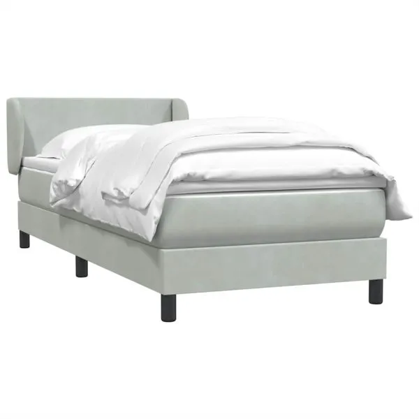 Pat box spring cu saltea, gri deschis, 90×220 cm, catifea
