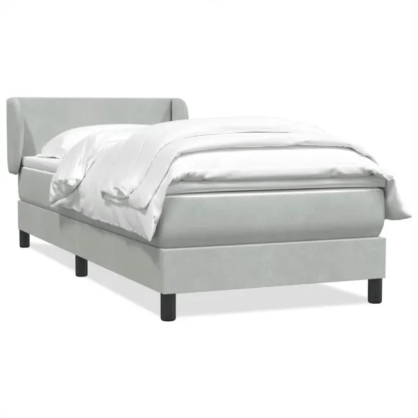 Pat box spring cu saltea, gri deschis, 90×220 cm, catifea