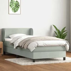 Pat box spring cu saltea, gri deschis, 90×220 cm, catifea