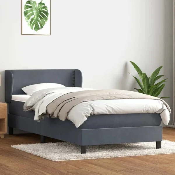 Pat box spring cu saltea, gri închis, 100×220 cm, catifea