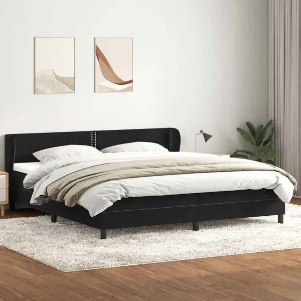 Pat cu arcuri cu saltele negru 180×220 cm catifea