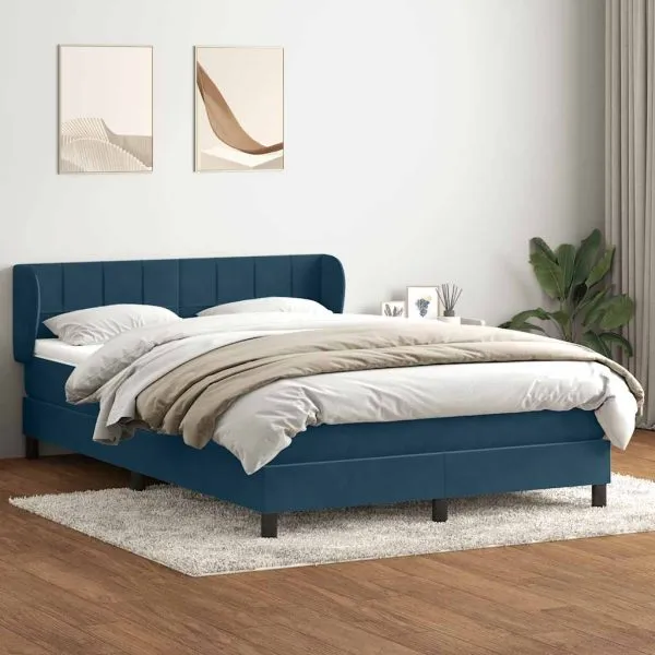 Pat box spring cu saltea, albastru închis, 140×210 cm, catifea