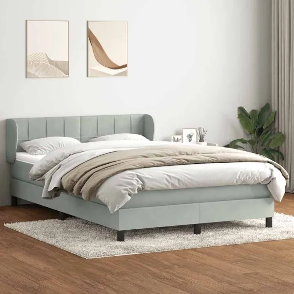 Pat box spring cu saltea, gri deschis, 140×220 cm, catifea