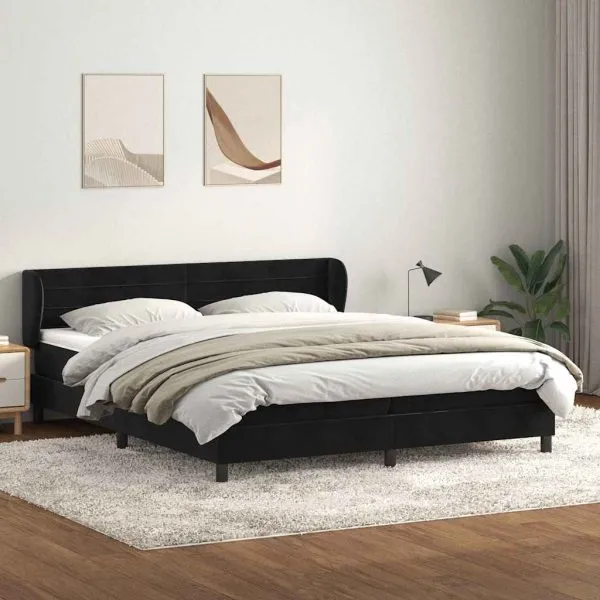 Pat cu arcuri cu saltele negru 180×210 cm catifea