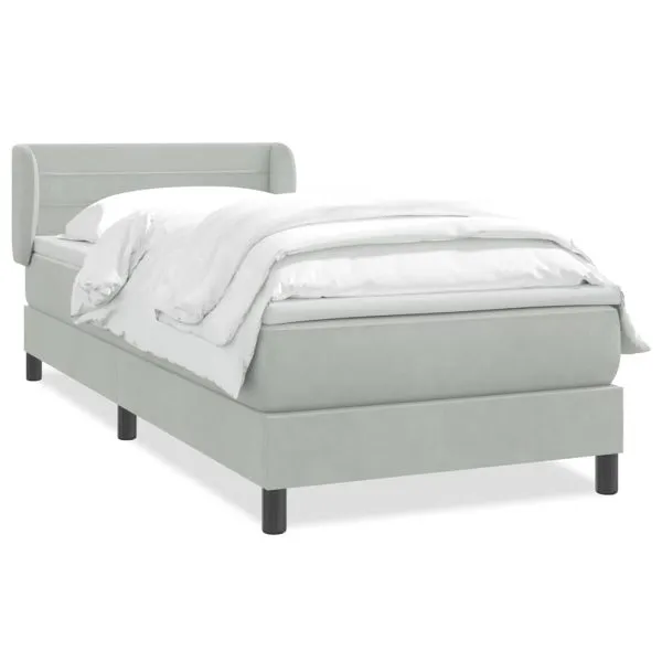 Pat box spring cu saltea, gri deschis, 90×220 cm, catifea