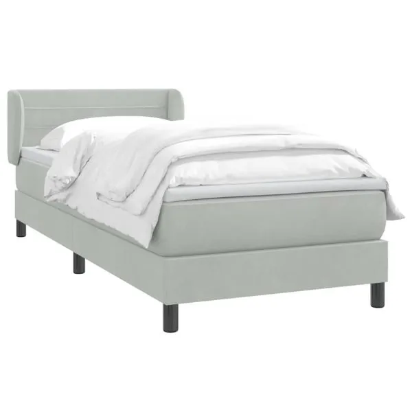 Pat box spring cu saltea, gri deschis, 90×220 cm, catifea