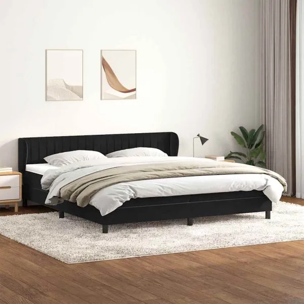 Pat cu arcuri cu saltele negru 200×210 cm catifea