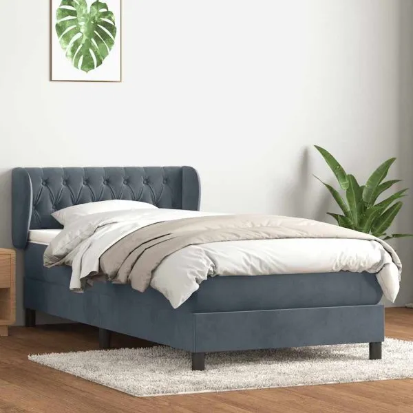 Pat box spring cu saltea, gri închis, 100×210 cm, catifea