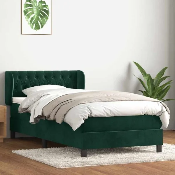 Pat box spring cu saltea, verde închis, 90×220 cm, catifea