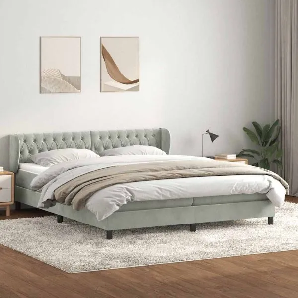 Pat cu arcuri cu saltele gri deschis 180×220 cm catifea