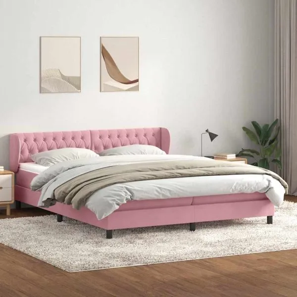 Pat cu arcuri cu saltele roz 180×220 cm catifea