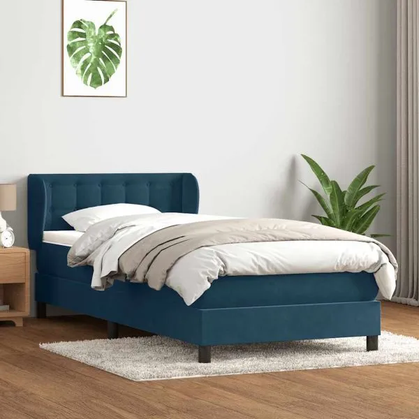 Pat box spring cu saltea, albastru închis, 100×210 cm, catifea