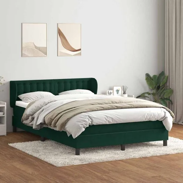 Pat box spring cu saltea, Verde închis, 140×210 cm, catifea