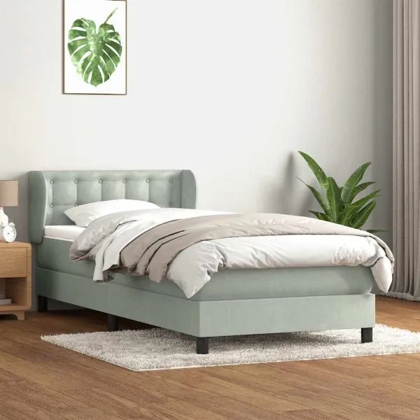 Pat box spring cu saltea, gri deschis, 80×220 cm, catifea