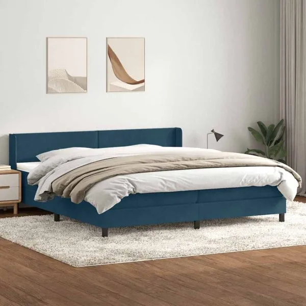 Pat box spring cu saltea, albastru închis, 180×210 cm, catifea