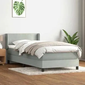 Pat box spring cu saltea, gri deschis, 80×220 cm, catifea