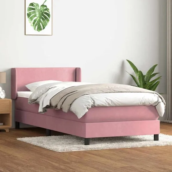 Pat box spring cu saltea, roz, 100×220 cm, catifea