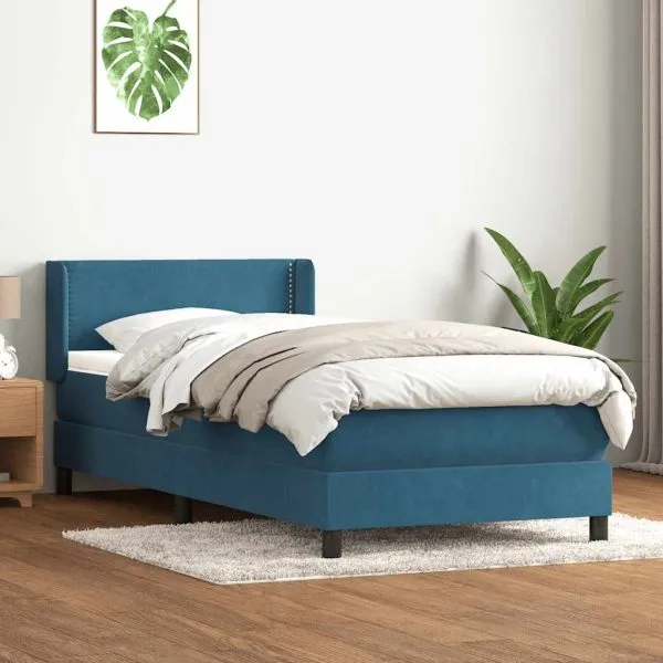 Pat box spring cu saltea, albastru închis, 90×220 cm, catifea