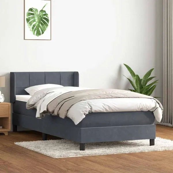 Pat box spring cu saltea, gri închis, 80×210 cm, catifea